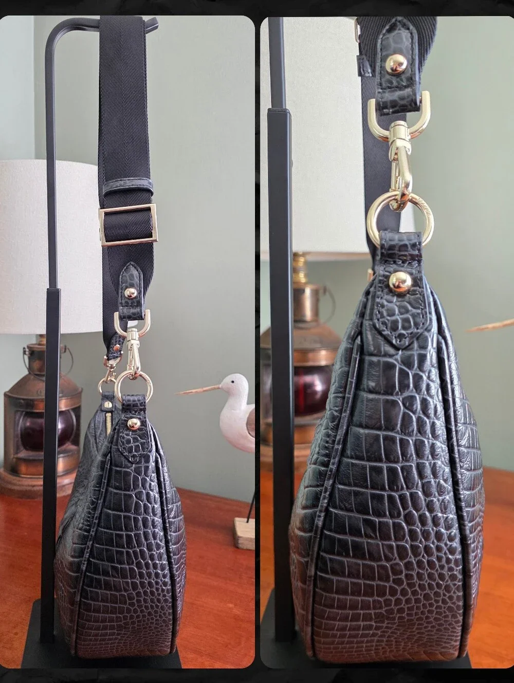 Brahmin Percy Black Alden Road Croc Embossed Crescent Crossbody Bag